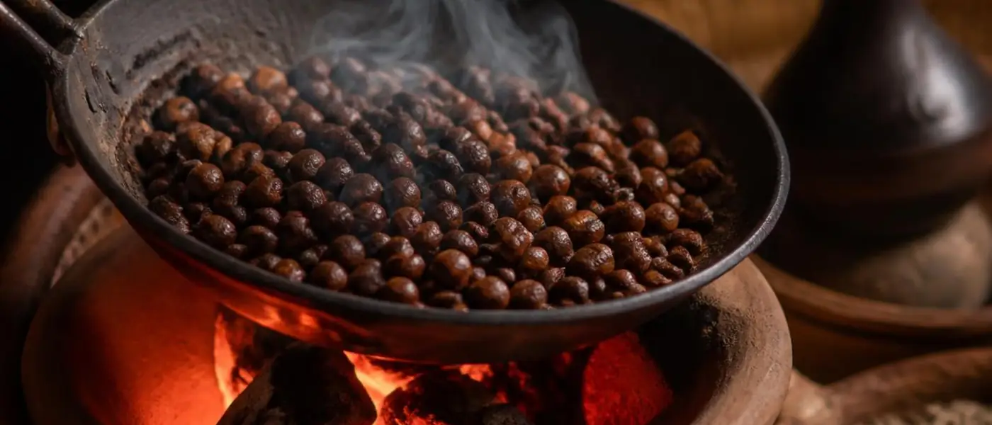 Koffiebonen worden boven de kolen geroosterd