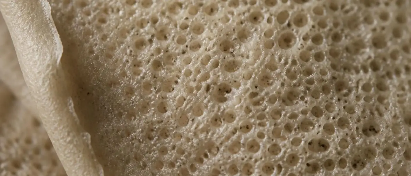 Injera van dichtbij, met de karakteristieke luchtbelletjes
