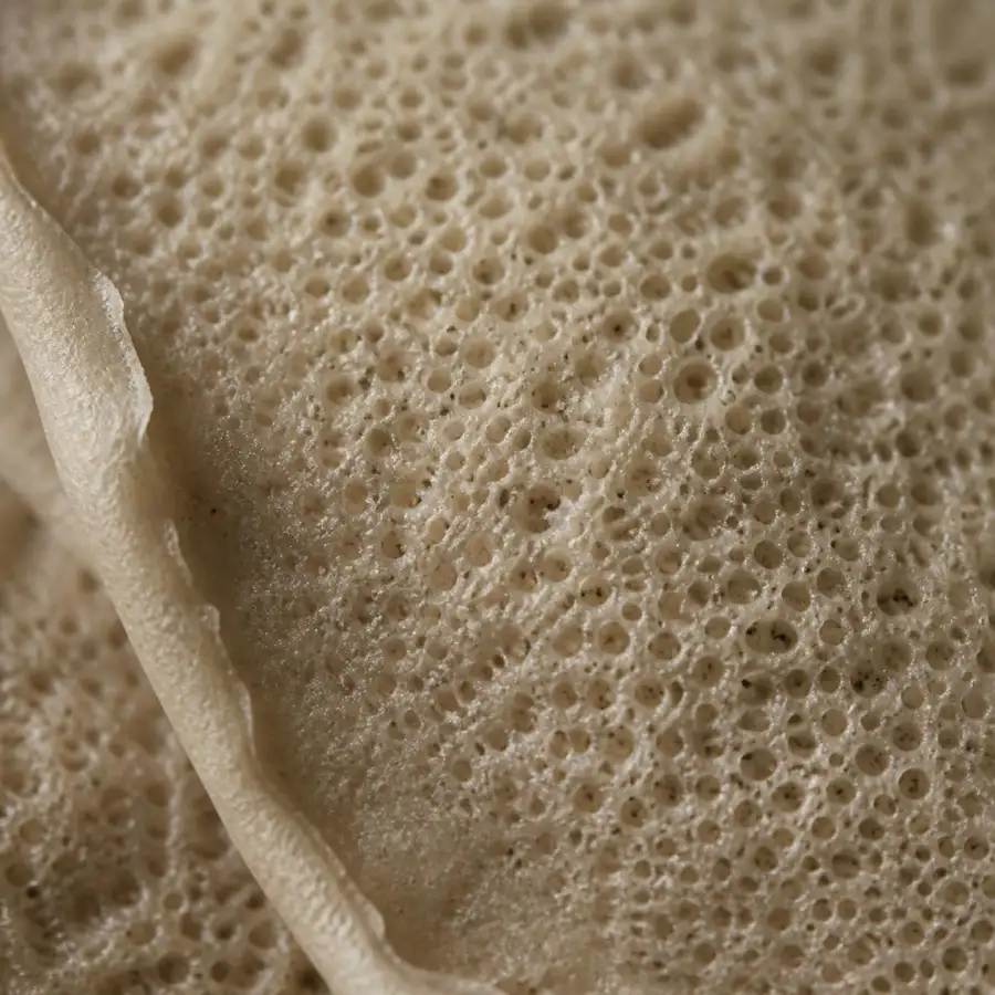 Injera van dichtbij: het sponzige oppervlak met de karakteristieke gaatjes en een omgeslagen rand