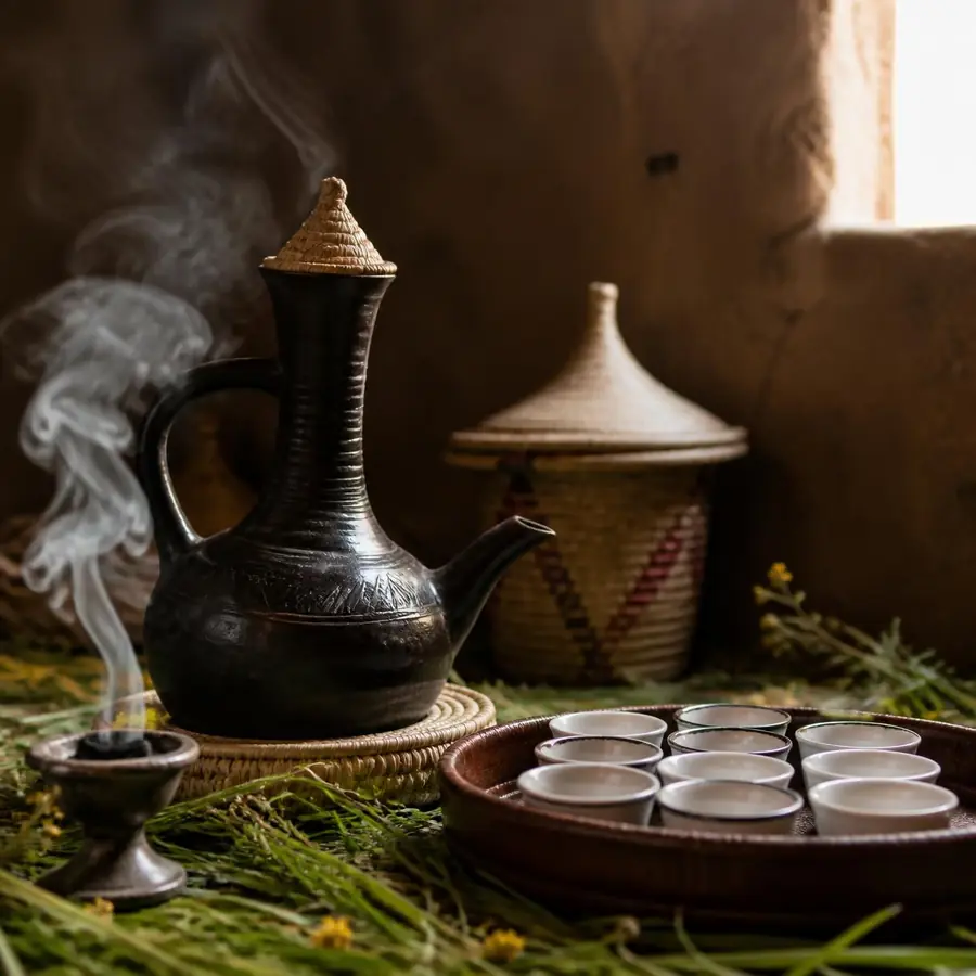Een jebena met kleine kopjes op een dienblad